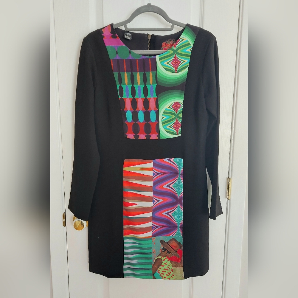 Desigual Black Long Sleeve Dress with Vibrant Geometric Panels